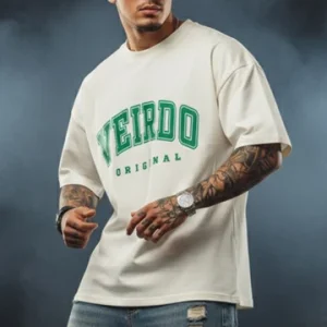 Veirdo Original Beige Oversized Typography Brand Printed T-shirt